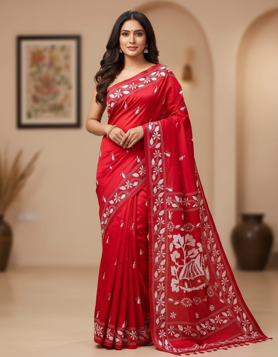 Bangalore Silk Kantha Saree - Red