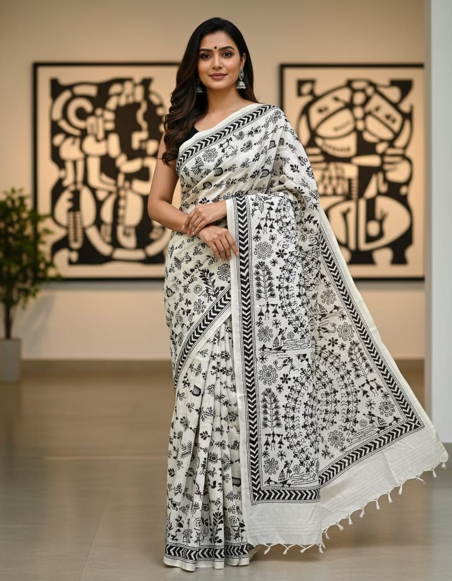 Bangalore Silk Kantha Saree - Pure White with black stitch