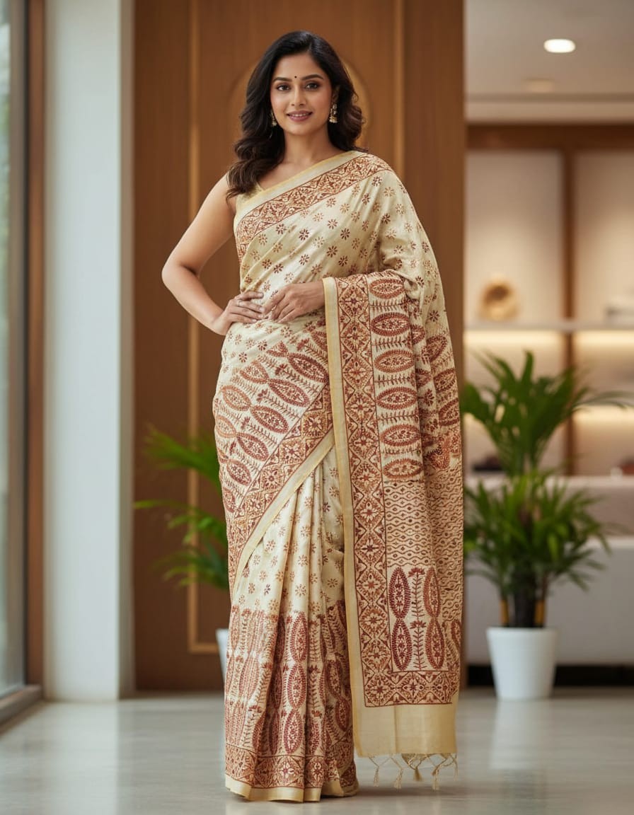 Hand Stitched Kadhwa Kantha Saree - Russet