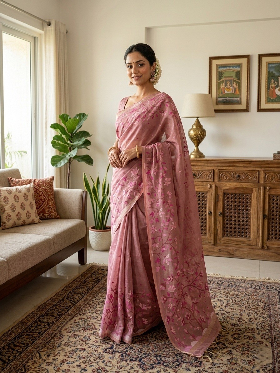 Mauve Bloom Muga Jamdani saree