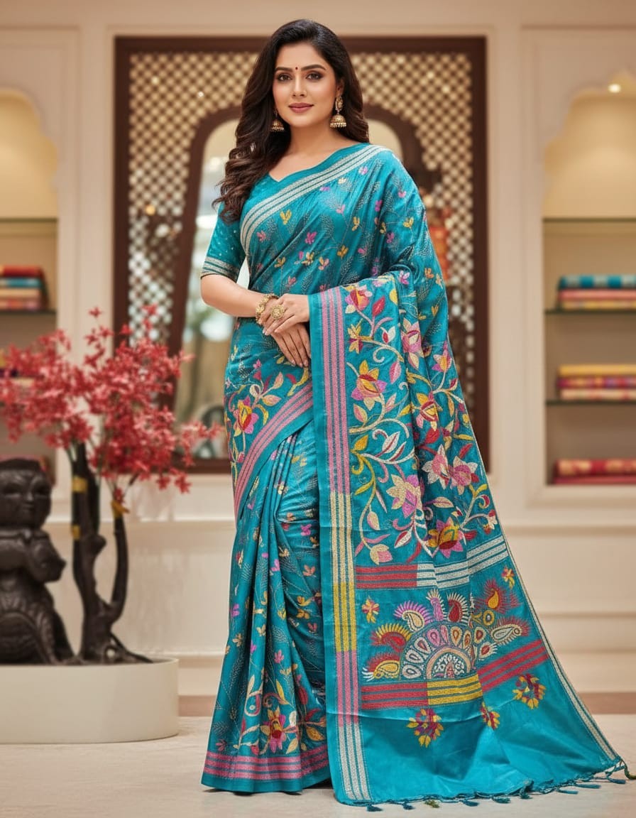 Bangalore Silk Kantha Saree - Teal