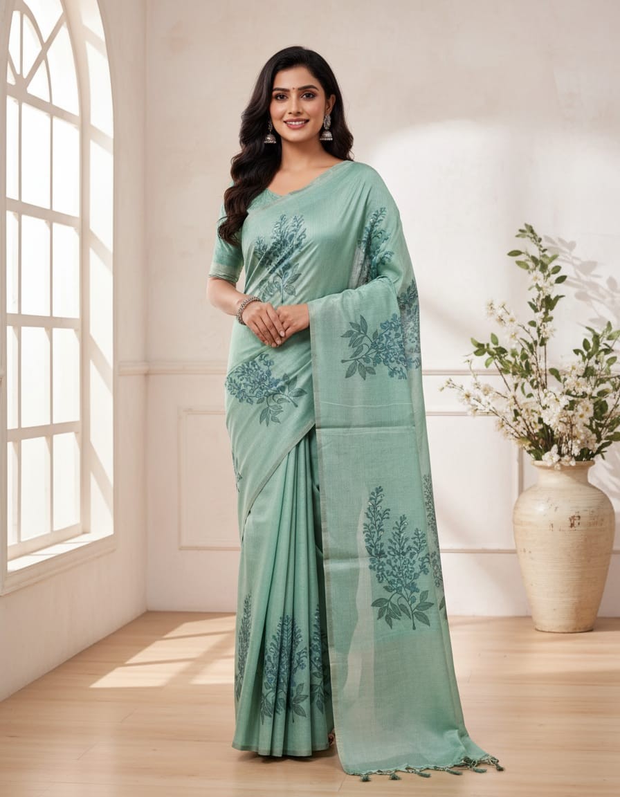 Floral Art Muga Jamdani Saree - Green Blossom