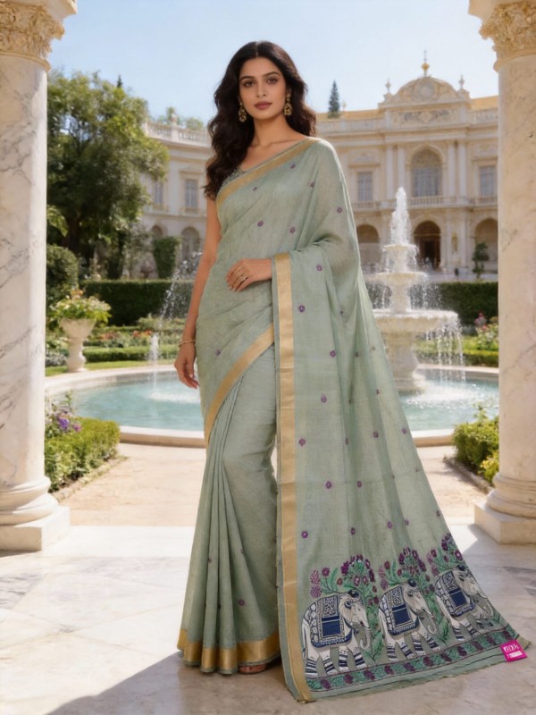 Elephant Muga Jamdani Saree- Green