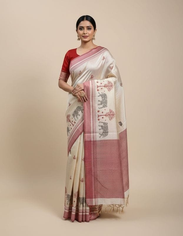Hand stitched Matka Silk - Elephant Motifs with  Red Border