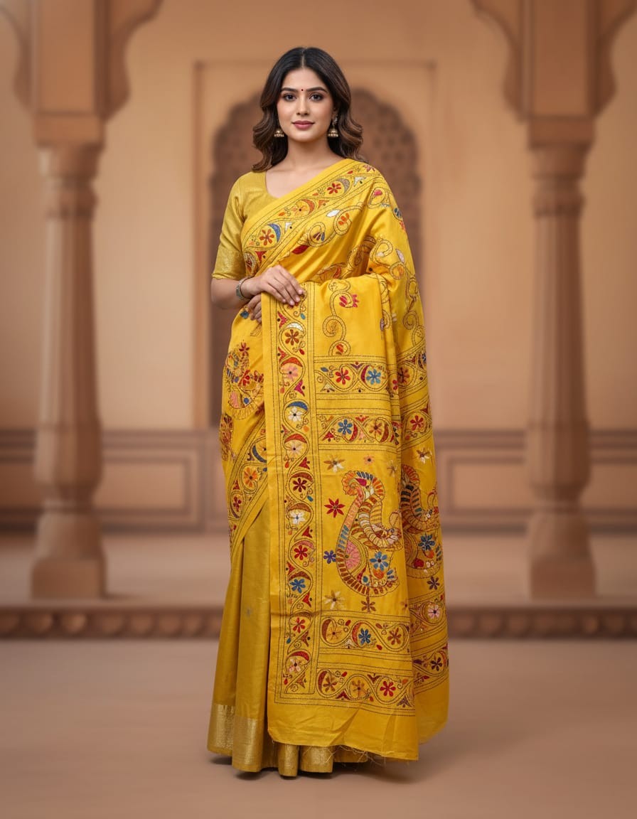 Bangalore Silk Blend Kantha Saree - Yellow with Multicolor Design