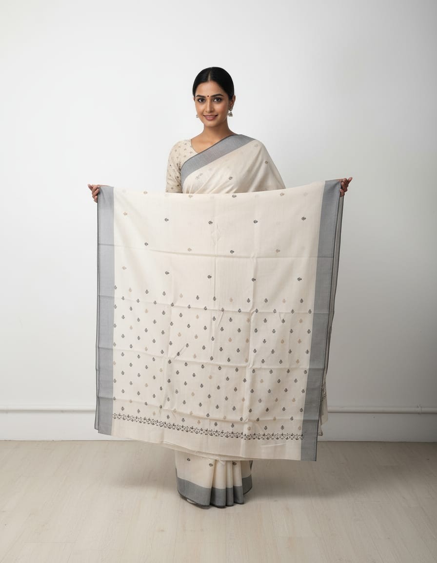 Hand stitched Matka Silk with Grey Border – Butta Design
