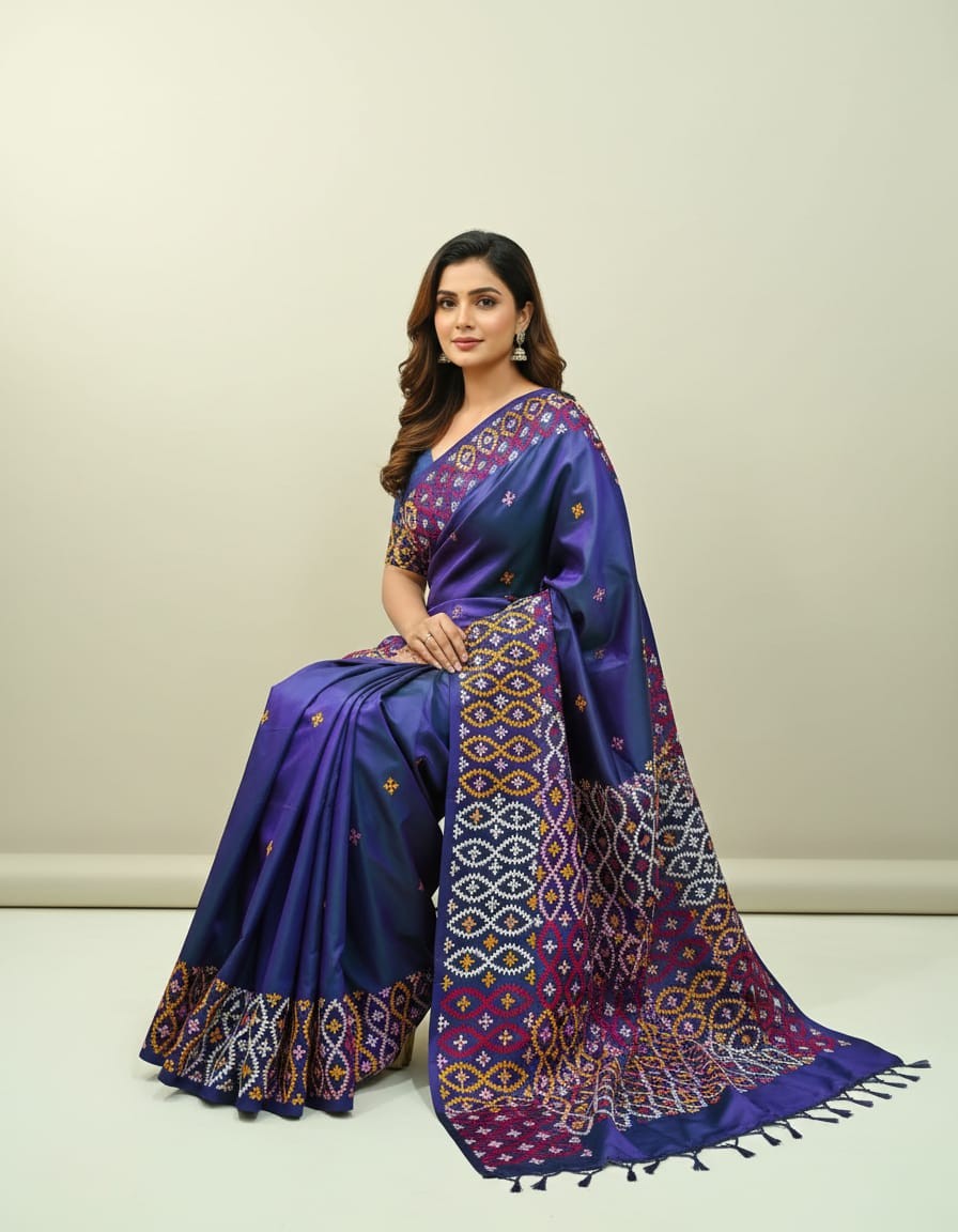 Bangalore Silk Kantha Saree - Luxury Purple