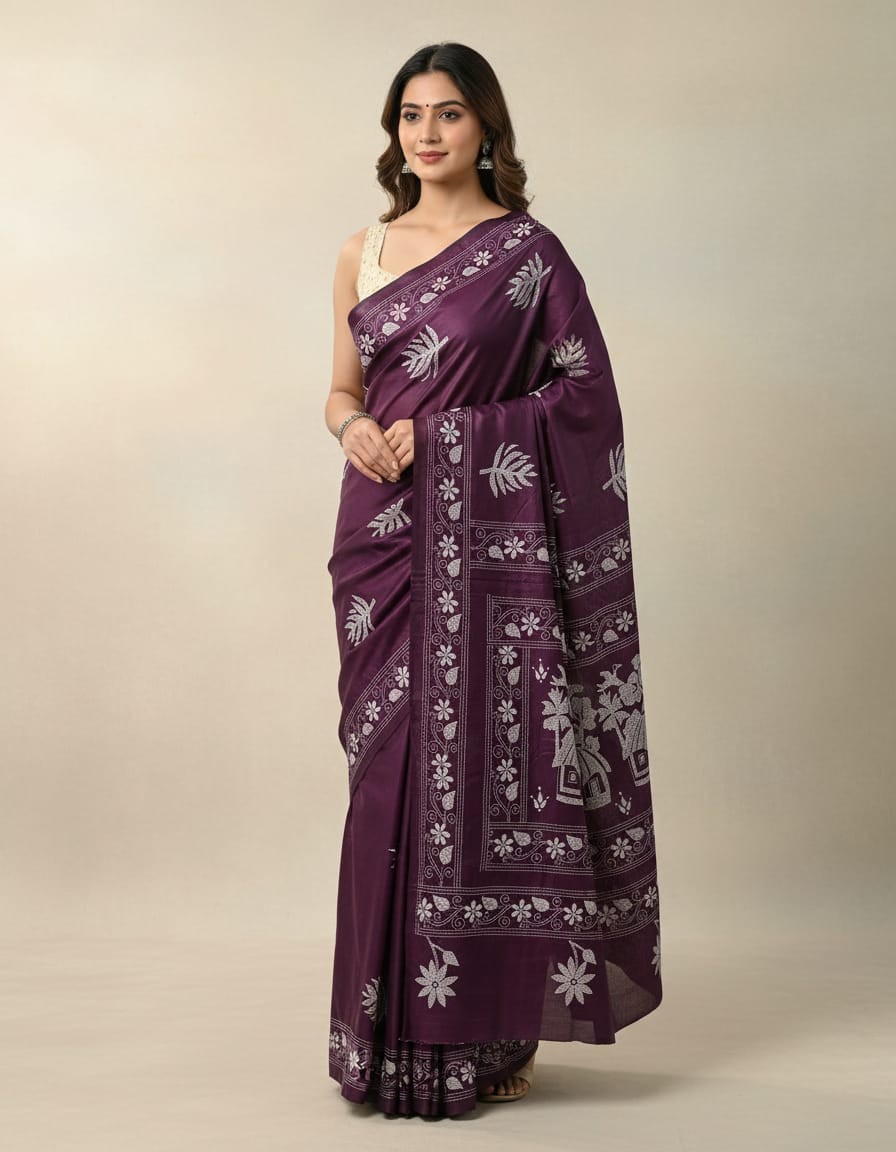 Bangalore Silk Blend Kantha Saree - Burgundy Color with White Nakshi Design