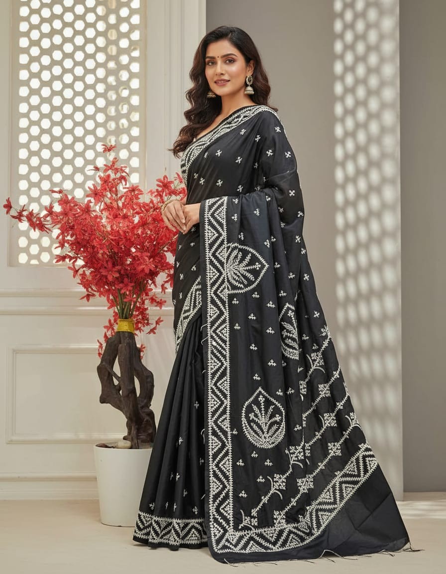 Bangalore Silk Kantha Saree - Deep Black