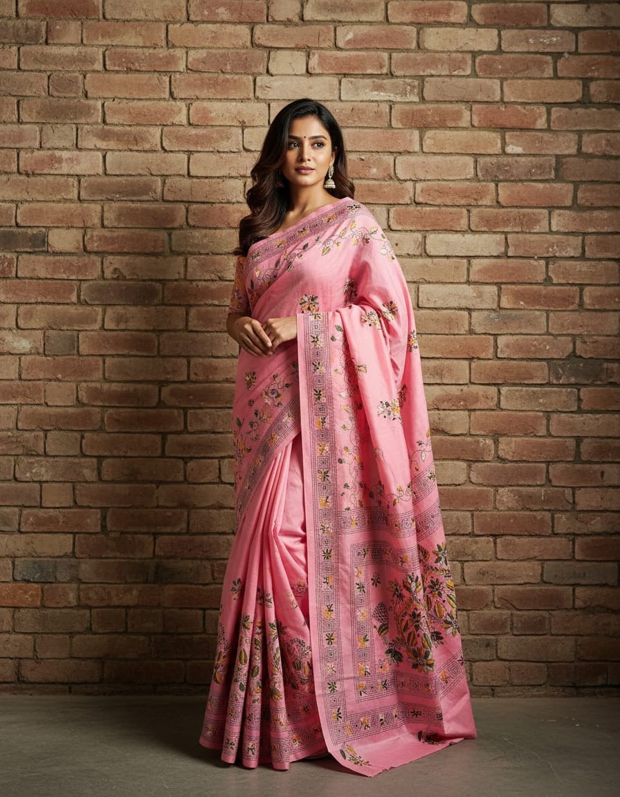 Bangalore Silk Blend Kantha Saree -   Baby Pink with Floral Design