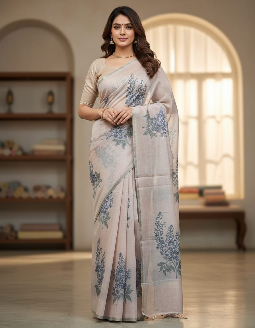Floral Art Muga Jamdani Saree - English colour with Blue Blossom