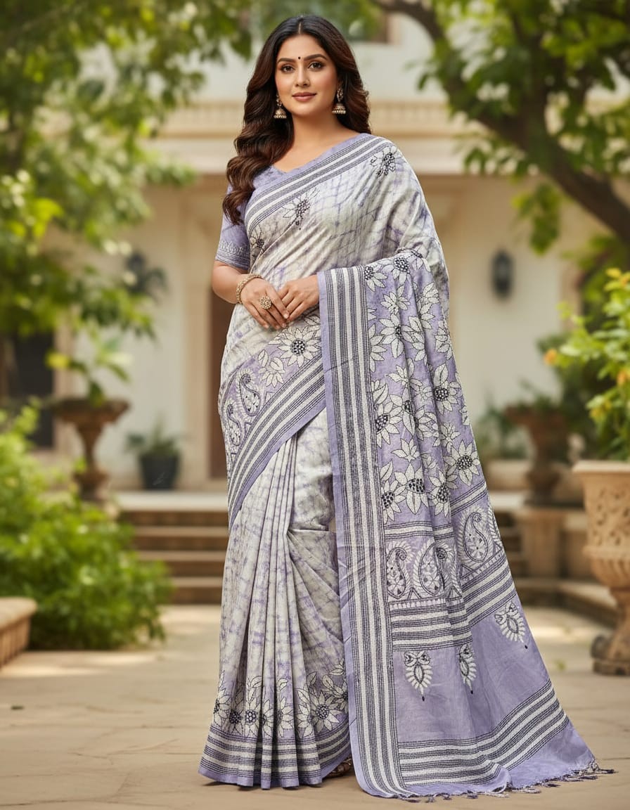 Bangalore Silk Kantha Saree - Light Lavender