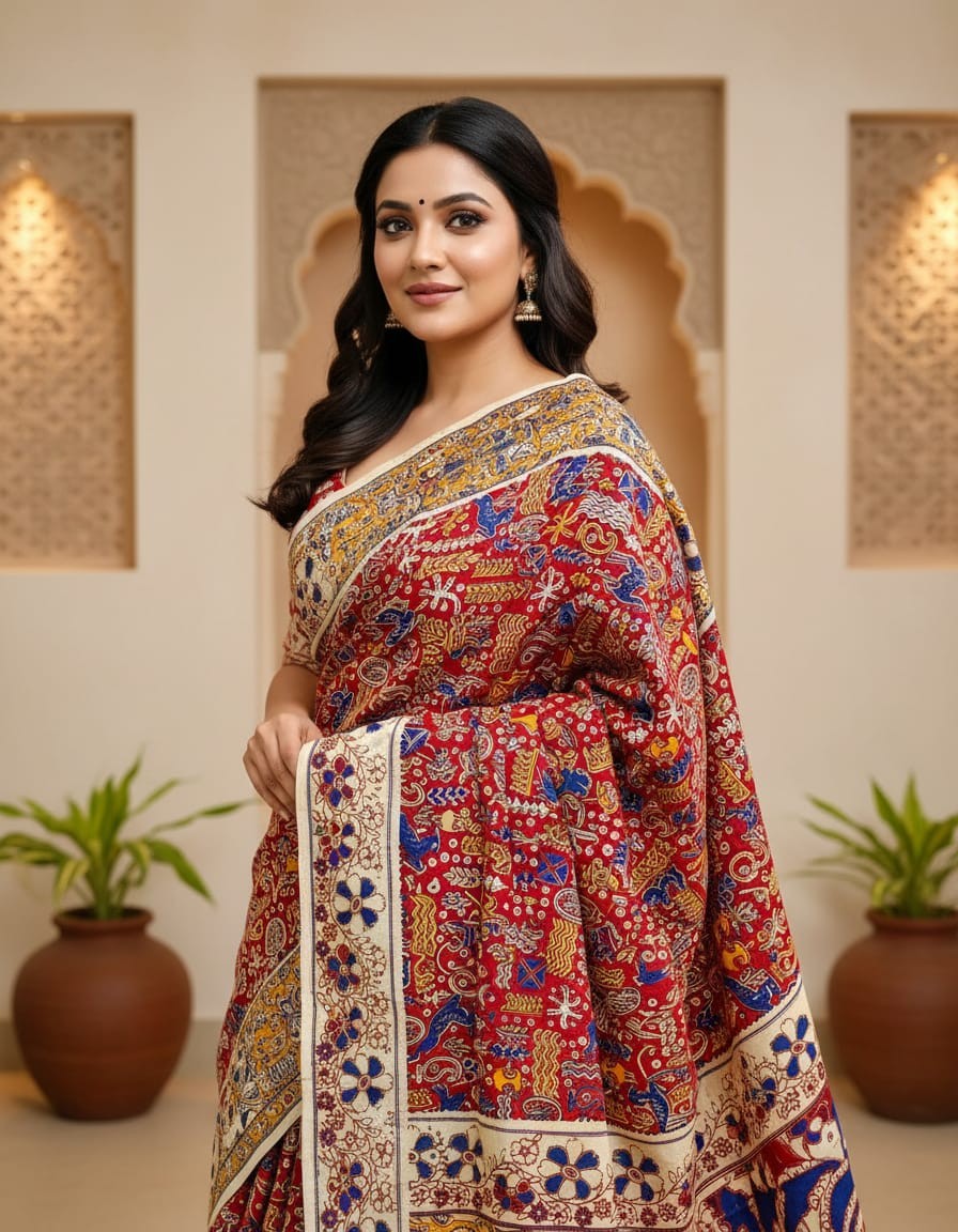 'Karṇika' Rust red with Tribal patterns cotton Kalamkari Saree