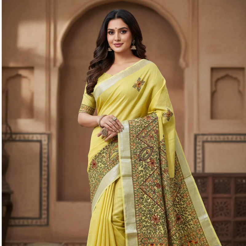 Mayurvan Yellow Hand painted Madhubani Blend Saree