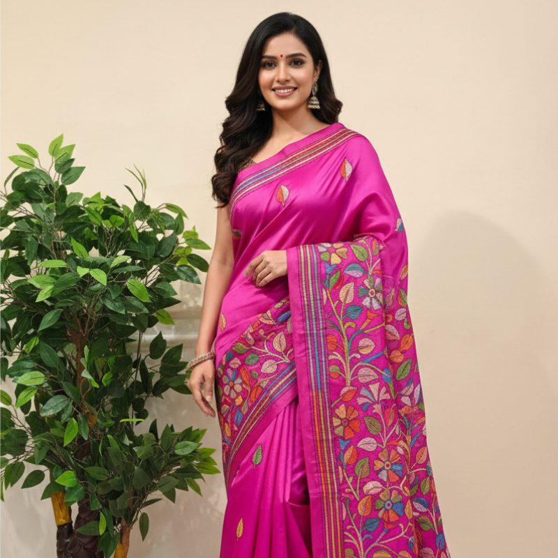 Cornetto Cut Bangalore Silk Kantha Saree - Candy Pink