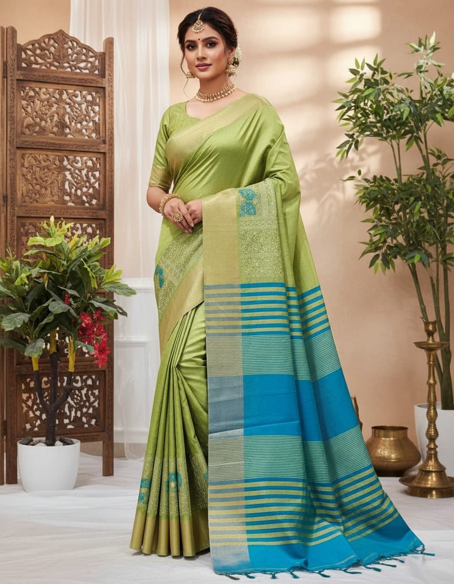 Hand Stitched Assam Silk - Lime Green
