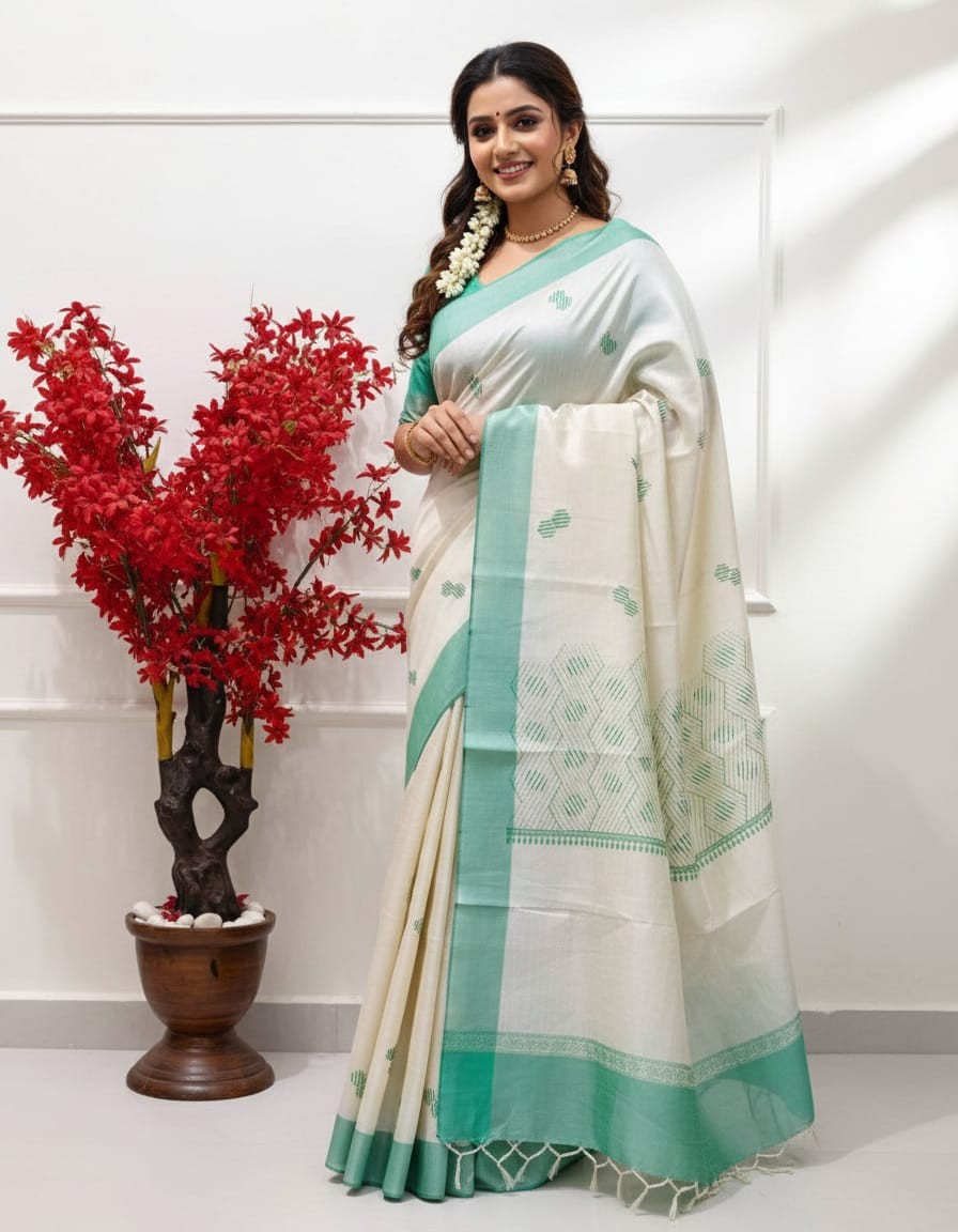 Hand stitched Matka Silk with Hexagon design – Green