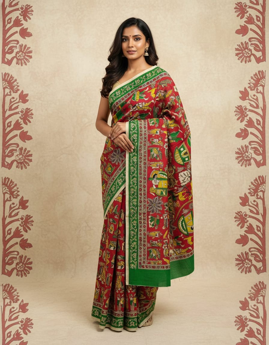 'Samudaya' Red canvas with Rural life design cotton Kalamkari Saree