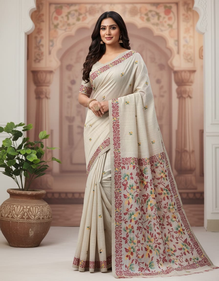 Rustic Bloom Muga Jamdani Saree