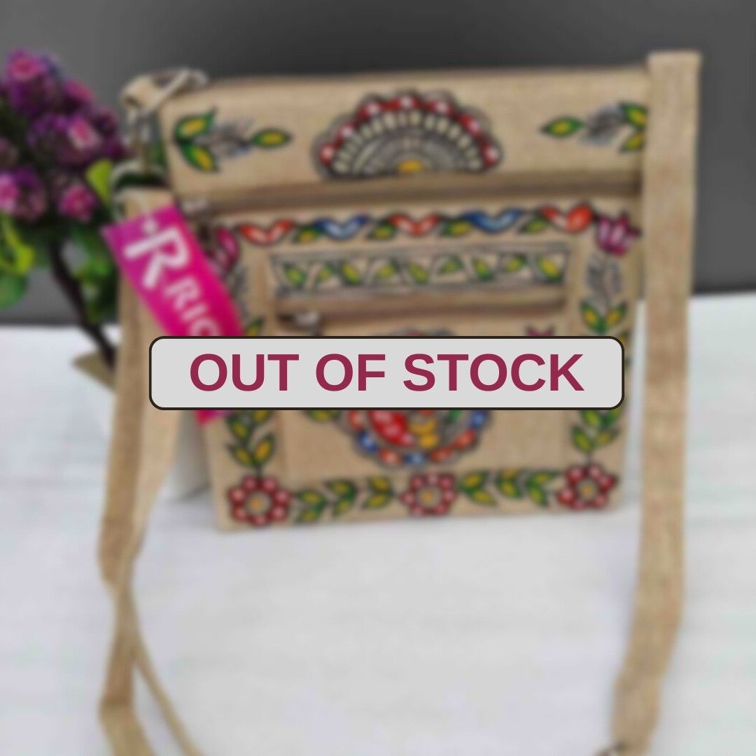 Handpainted Madhubani Double Chain Jute Small Sling Bag - Round Fish Design