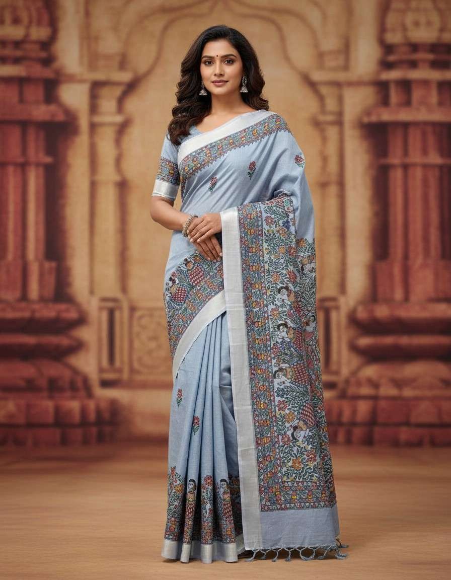 'Neel Nrityaleela' Hand painted  Madhubani Blend Saree