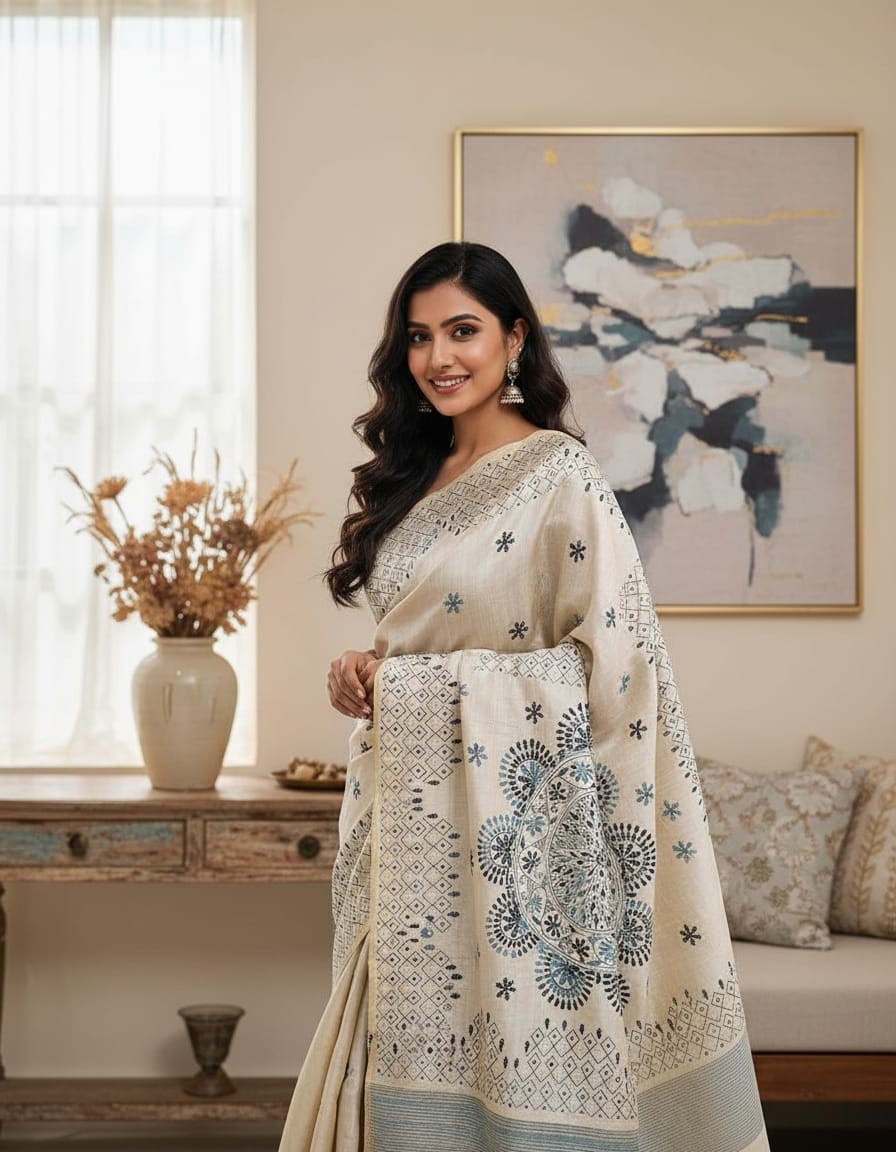 Hand Stitched Fragmented Kadhwa Kantha Saree- Grey