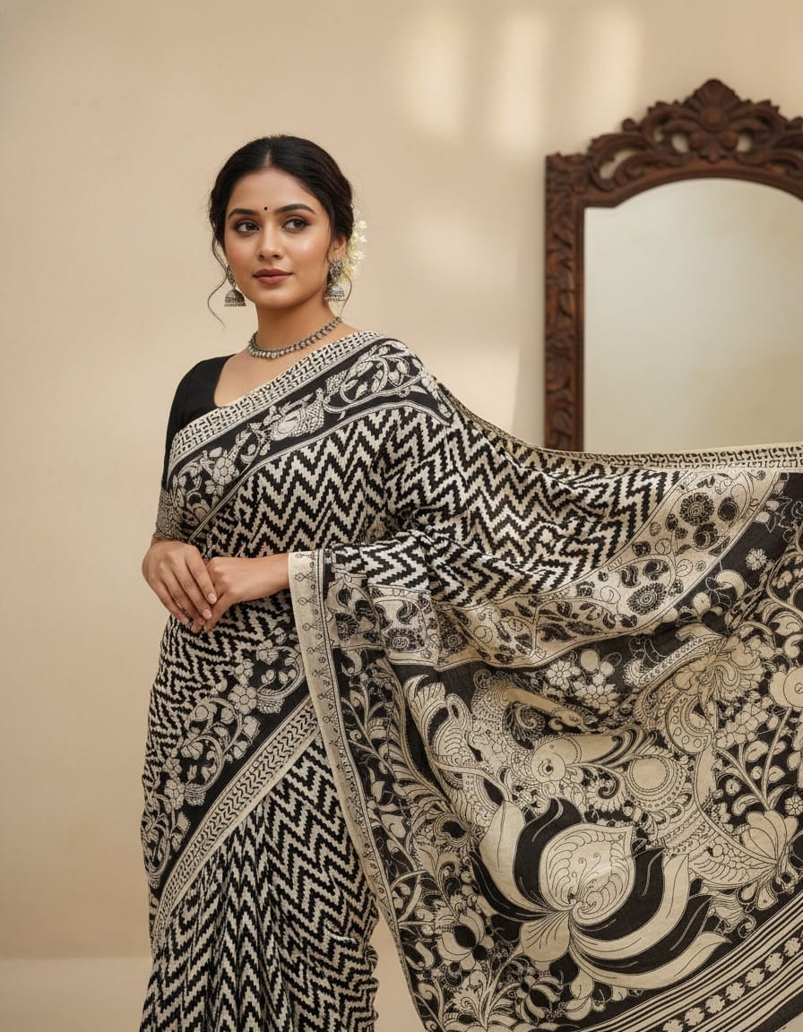 'Vakrarekha' Black canvas cotton Kalamkari Saree