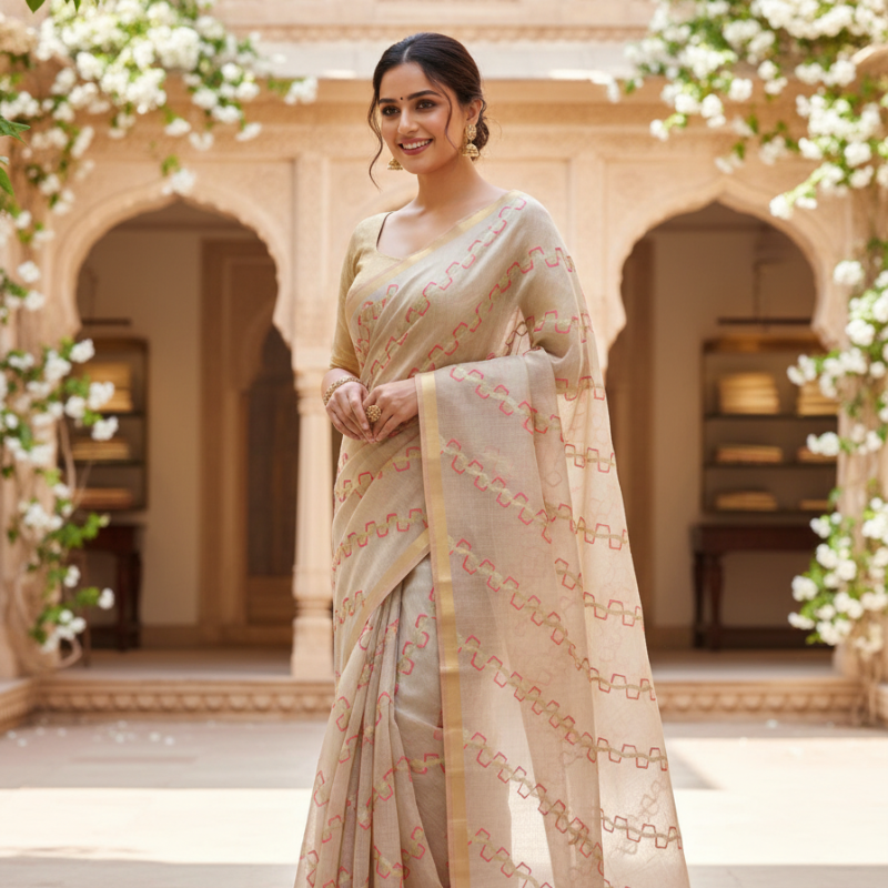 Chain Line Muga Jamdani Saree – Pink, Yellow
