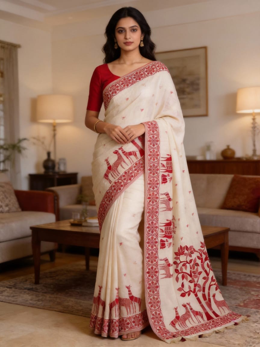 Off White Hue with Animal Motif Muga Jamdani Saree