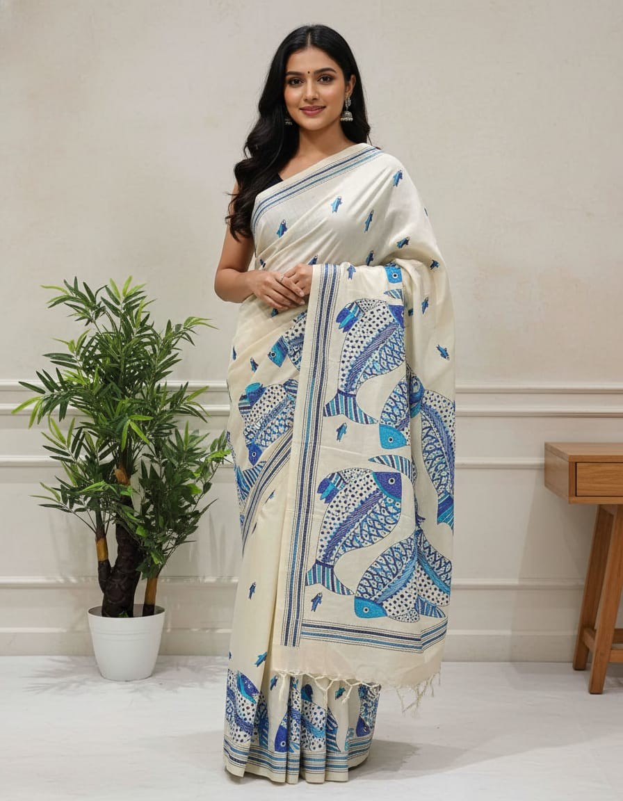 Tussar Silk Mormon Fish Blue Stitch Kantha