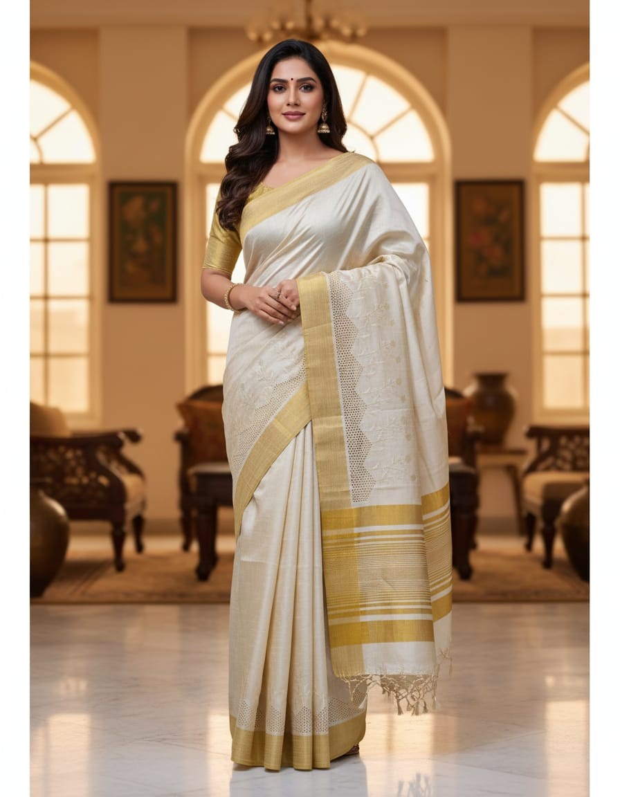 Odisha Special Matka Silk with Golden Border - Dotted Honeycomb Design