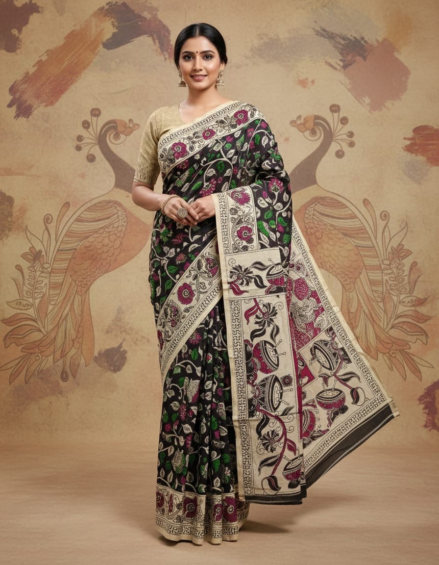 'Mayurmala' Black base with Peacock motifs cotton Kalamkari Saree