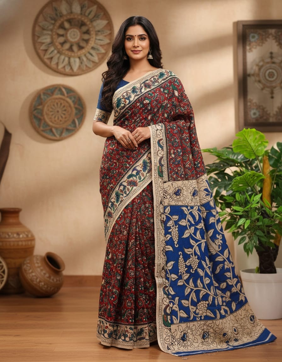 'Sukalata' Rea canvas with small Parrot motifs cotton Kalamkari Saree