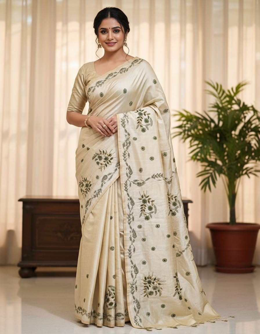Hand Stitched Nakshi Kantha Saree - Leaf Green