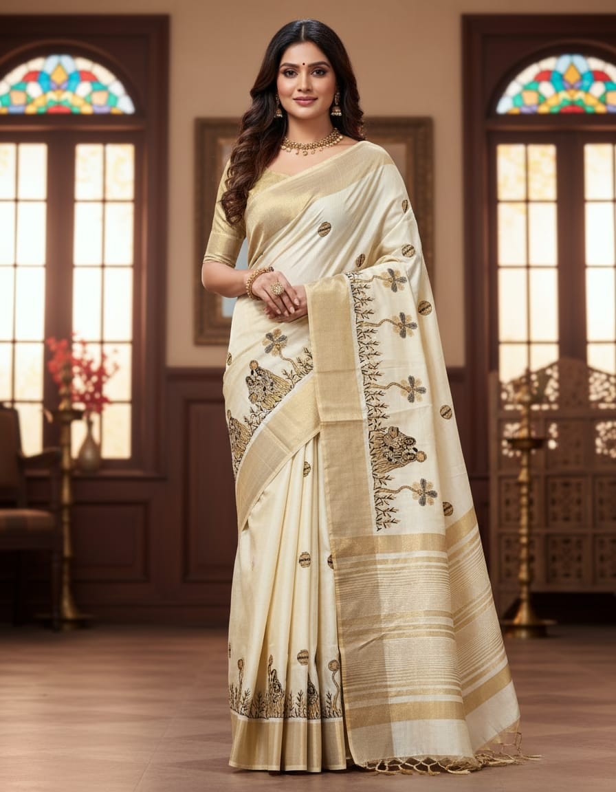 Lady with Mataka Motif Semi Tussar Saree