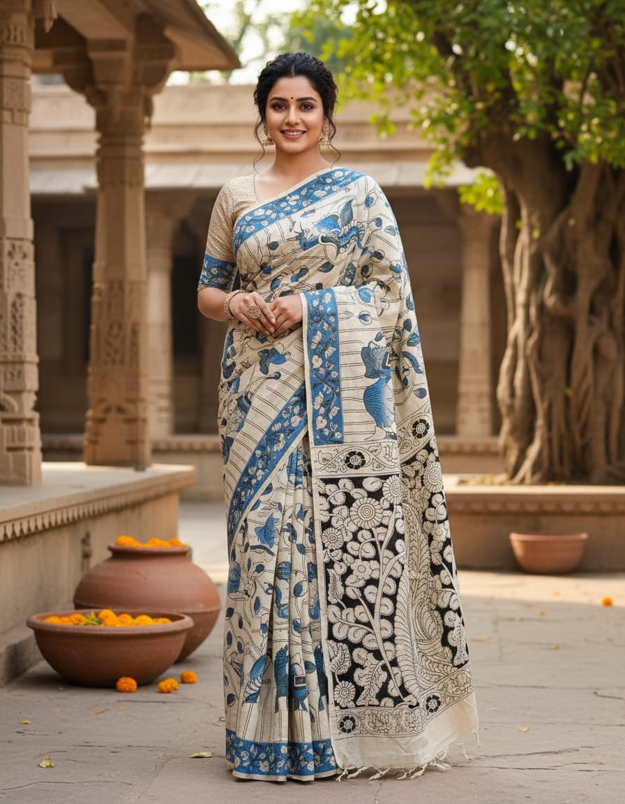 'Gokmalini' Off White canvas cotton Kalamkari Saree