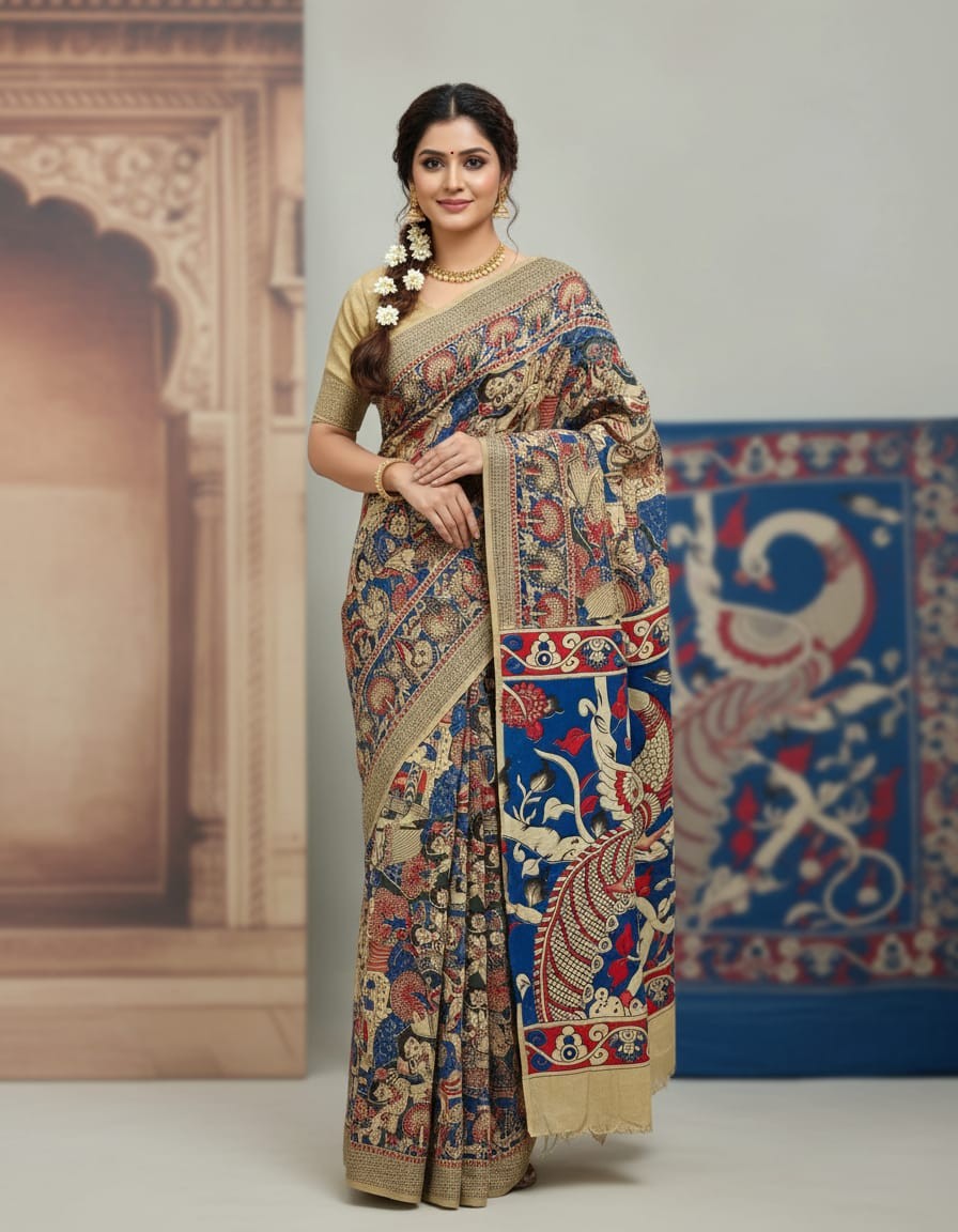'Nrityarasa' Blue canvas with Mythological paiting cotton Kalamkari Saree
