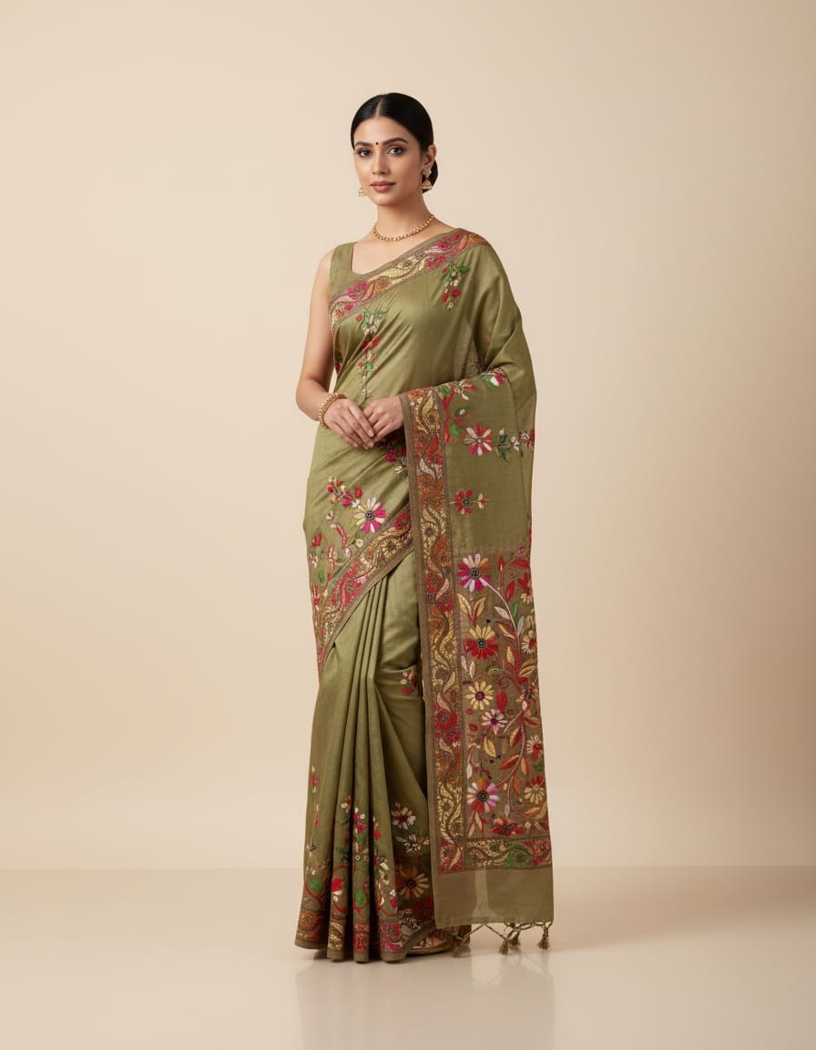 Bangalore Silk Blend Kantha Saree - Green with Multicolour Work