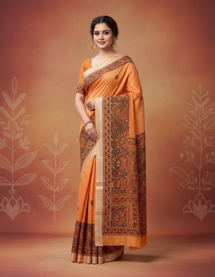 'KesariMayura' Orange hue Hand Painted Madhubani Blend Saree