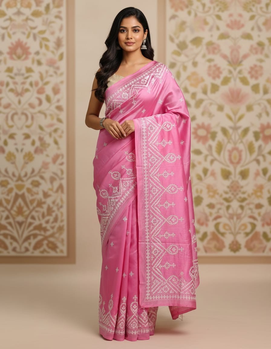 Pastel Pink Threads Bangalore Silk Kantha Saree