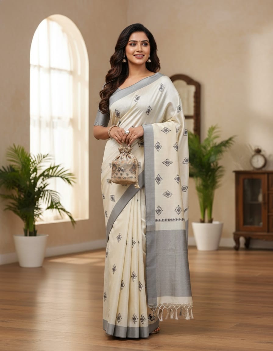 Hand stitched Matka Silk with Grey Border – Kite Design.