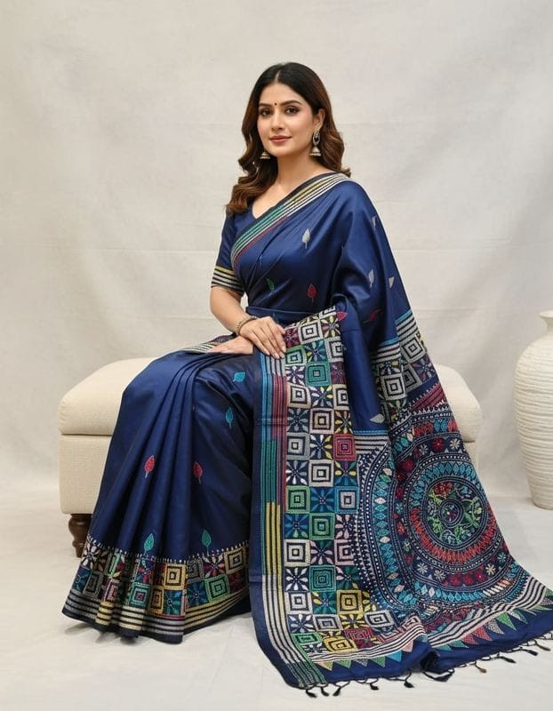 Prussian Blue Mandala Bangalore Silk Kantha Saree