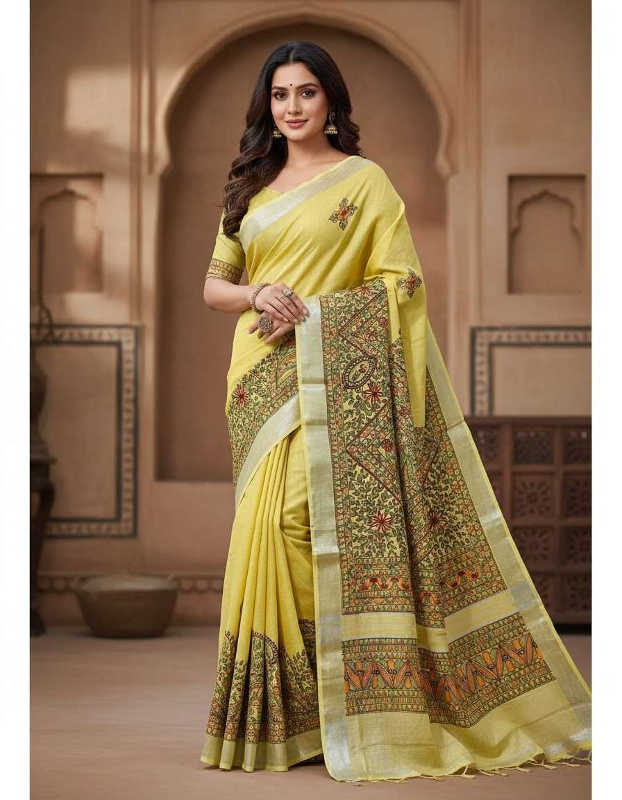 Mayurvan Yellow Hand painted Madhubani Blend Saree