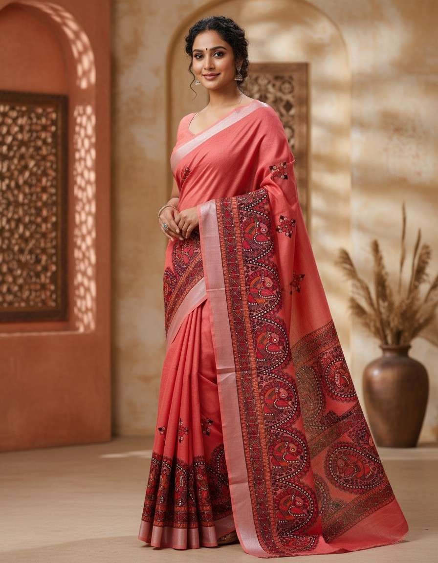'Mayurika' Pink Hand Painted Madhubani Blend Saree