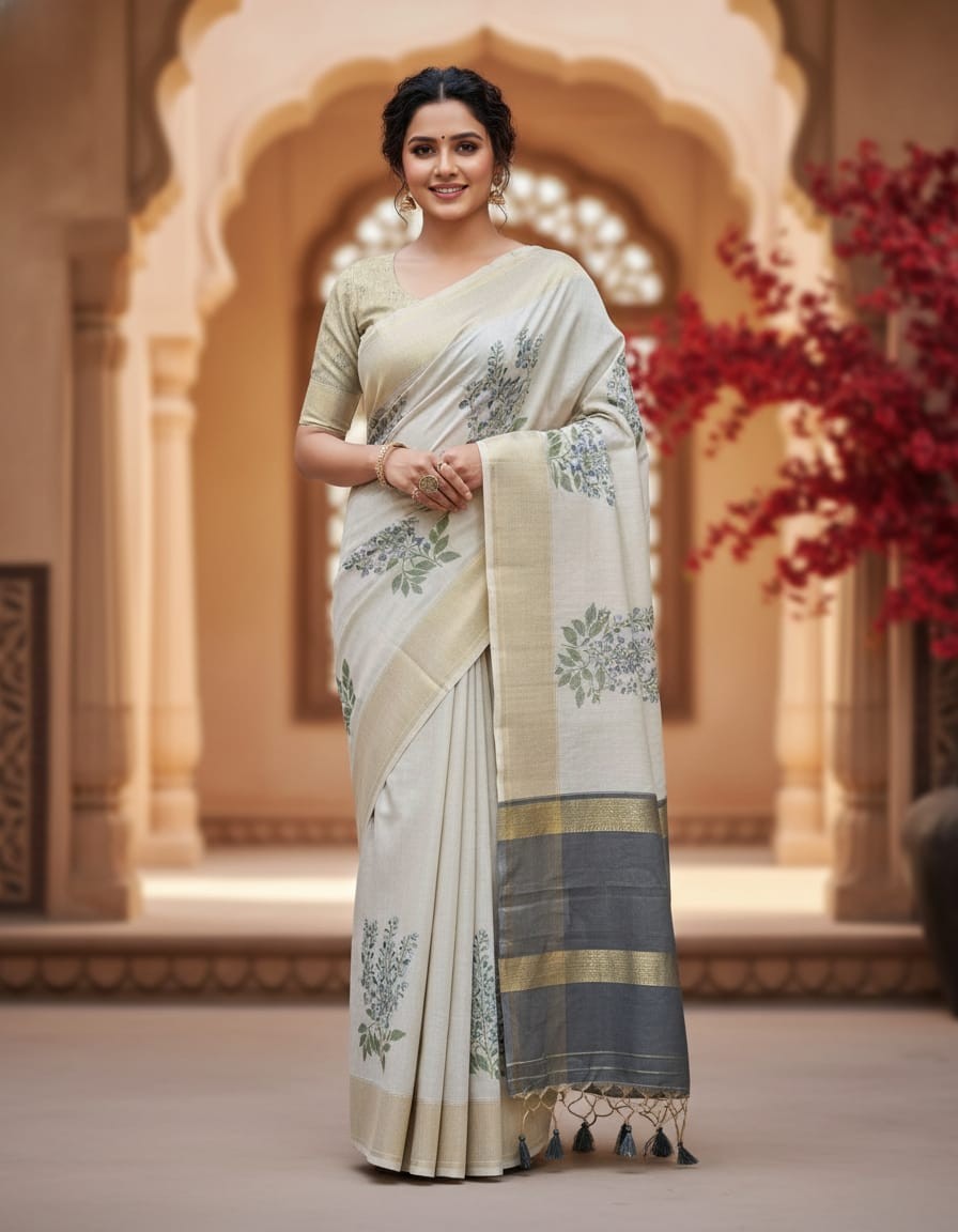Floral Art Jamdani Saree - Off White with Blue Blossom