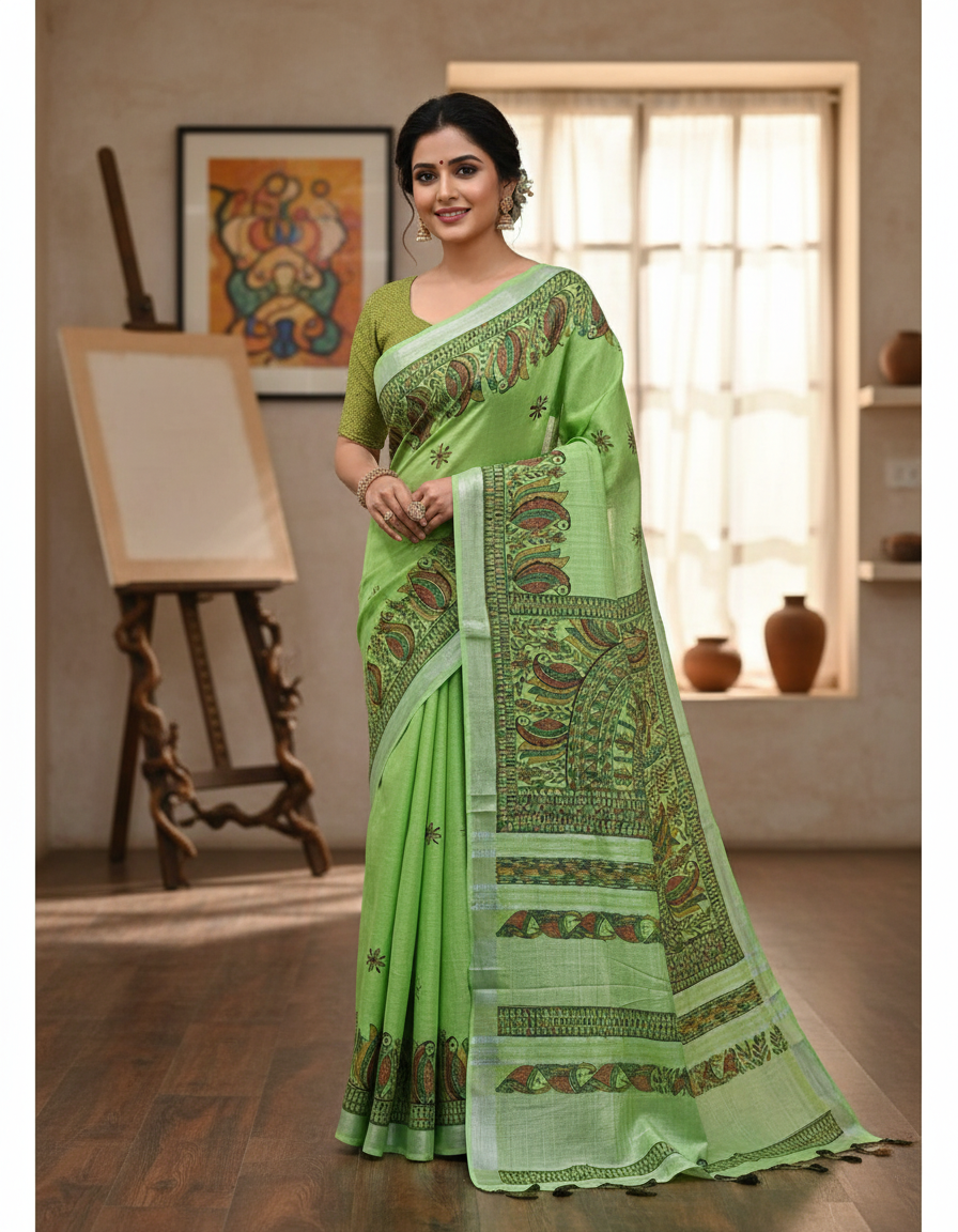'PANKHI' Green Hand painted Madhubani Blend Saree