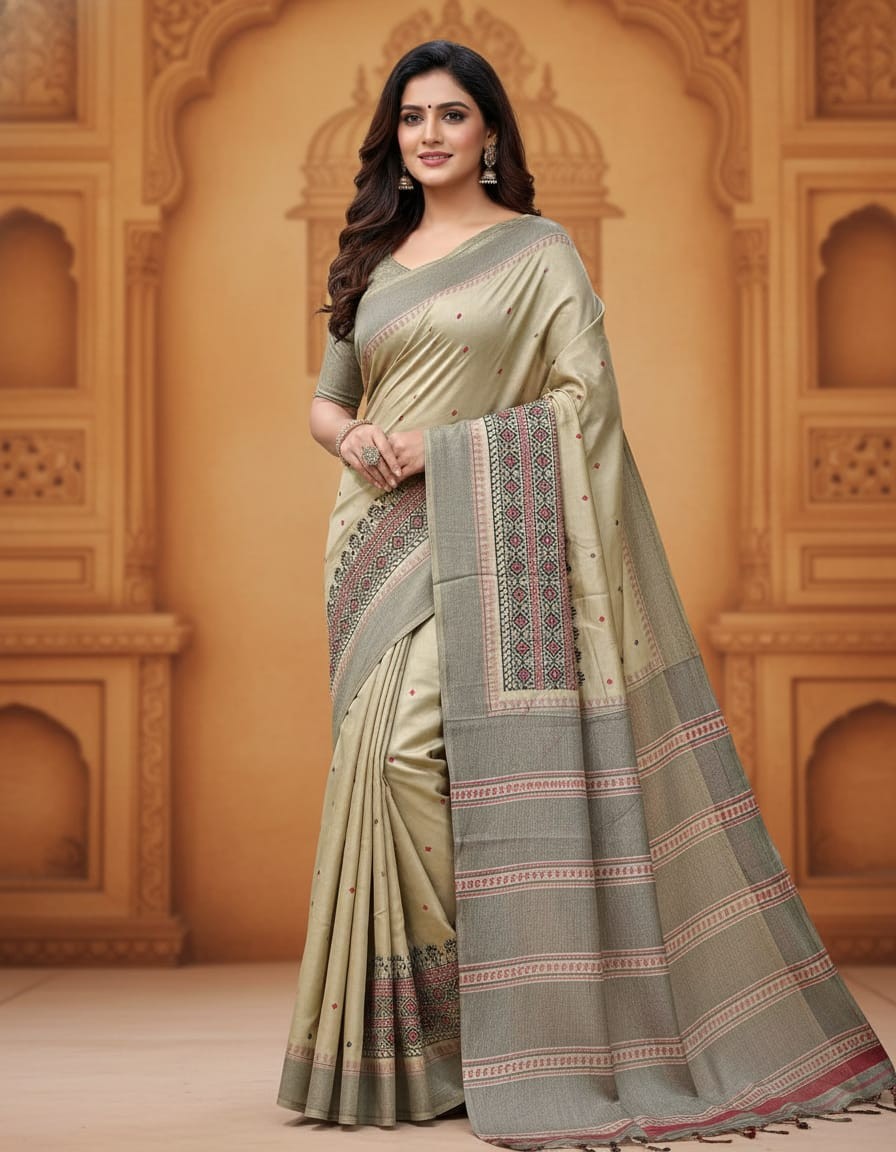 Riona Special Hand Stitched Assam Silk - Black Thread Border