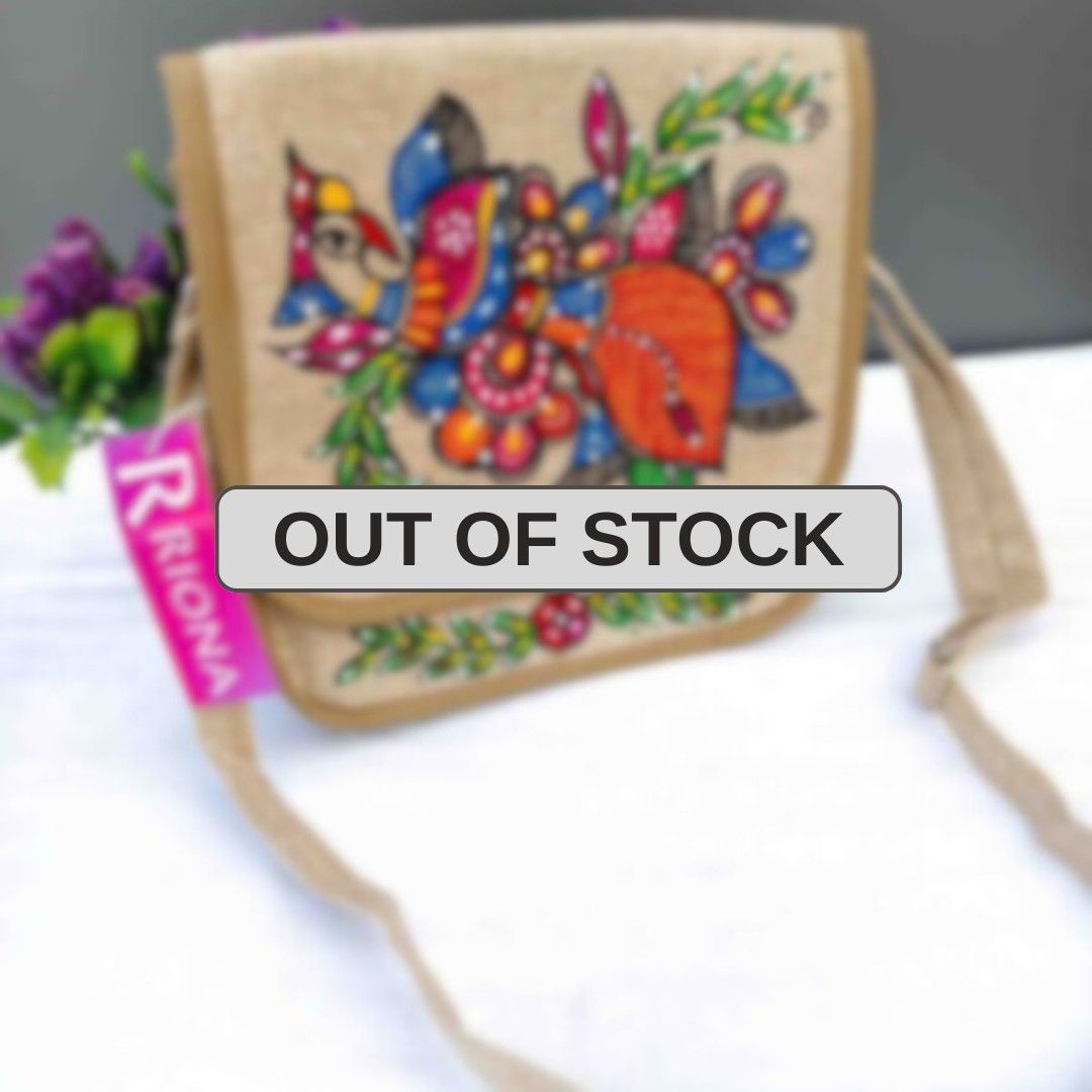 Handpainted Madhubani Jute Round cut Sling Bag - Peacock Design