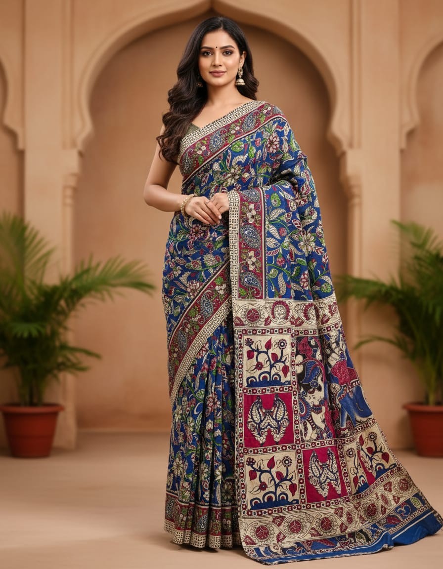 'Madhavilatika' Bold Blue canvas with Floral and Leaf motifs cotton Kalamkari Saree