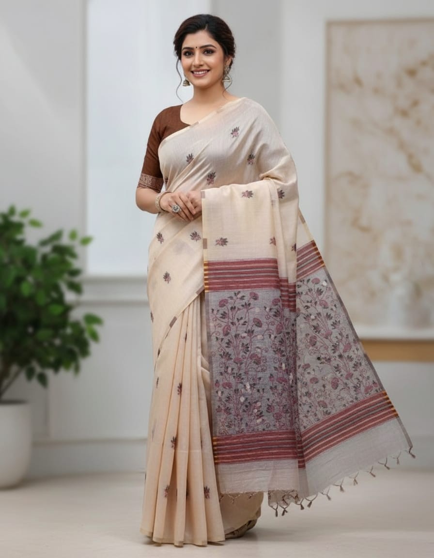 Lotus Art Muga Jamdani Saree Beige
